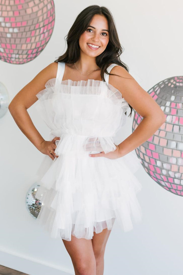 Elegant Square Neck White Tiered Tulle A-Line Dress for Homecoming Events