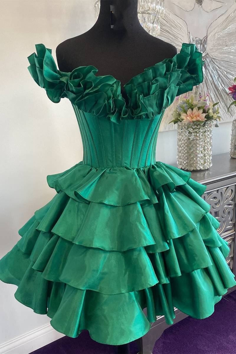 Fuchsia Off-the-Shoulder Tiered A-Line Short Homecoming Dress for Girls