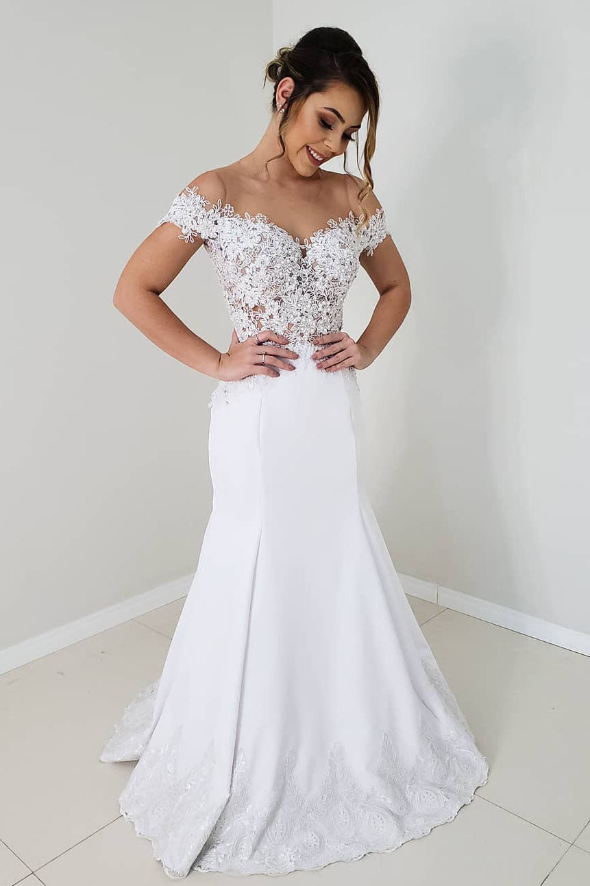 Exquisite White Lace Princess Off-Shoulder Mermaid Wedding Dress