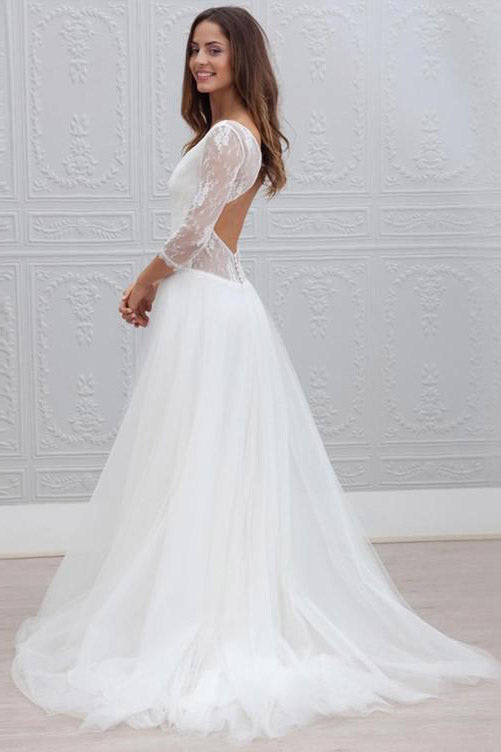 Elegant Princess Style Long-Sleeved A-line V-Neck White Lace-Embellished Wedding Dress for Brides