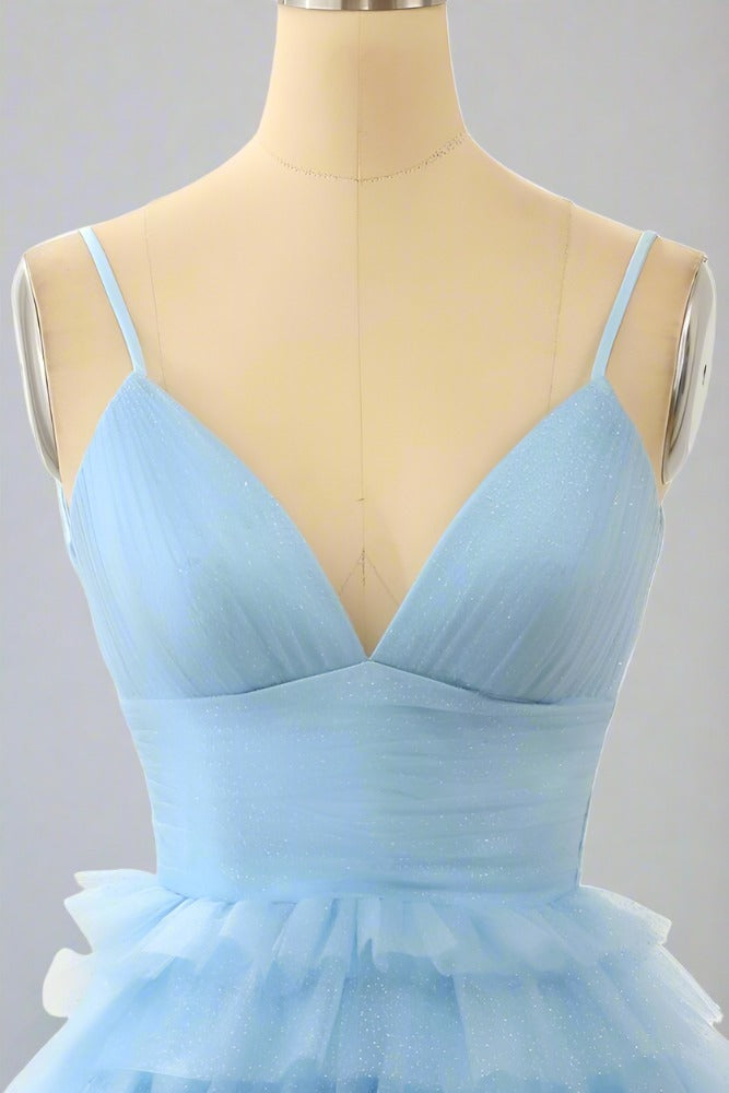 Light Blue Straps V-Neck Ruffle Mini Homecoming Dress for Women