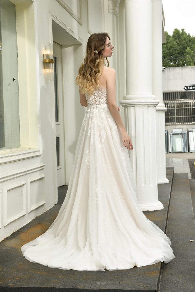 Elegant One-Shoulder A-Line White Bridal Wedding Dress for Timeless Beauty