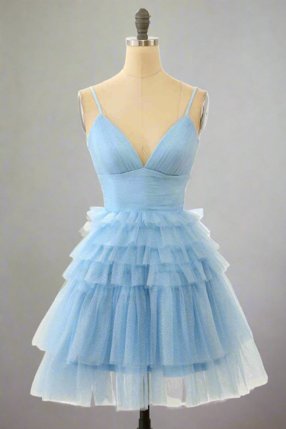 Light Blue Straps V-Neck Ruffle Mini Homecoming Dress for Women