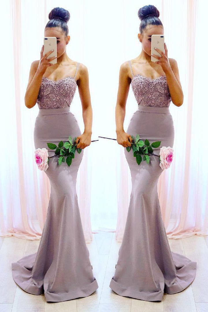 Lilac Mermaid Long Prom Dress with Spaghetti Straps and Lace Top