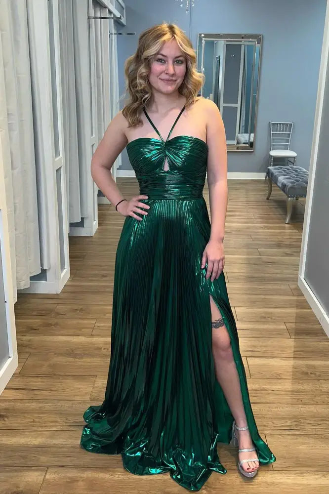 Stunning Green Metallic Pleated A-Line Halter Prom Dress with Slit