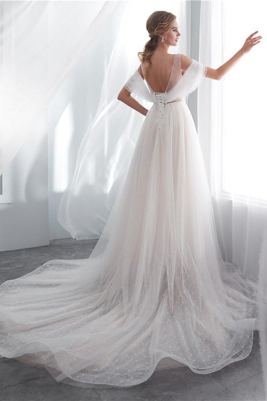 Exquisite Princess-Style Long Lace-Up A-line Ivory Wedding Dress Adorned with Appliques