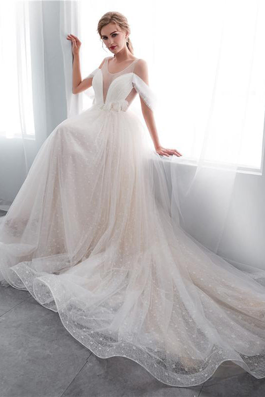 Exquisite Princess-Style Long Lace-Up A-line Ivory Wedding Dress Adorned with Appliques