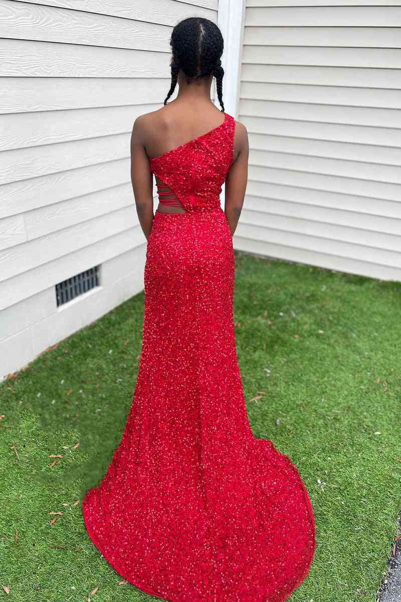 Elegant Lilac One-Shoulder Cut-Out Mermaid Style Sequined Slit Long Promenade Dress for Formal Events