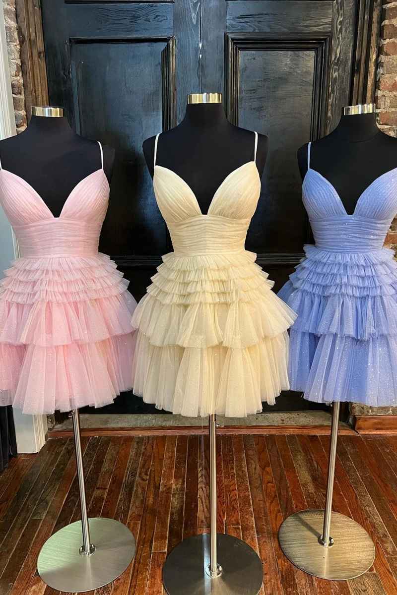 Light Blue Straps V-Neck Ruffle Mini Homecoming Dress for Women