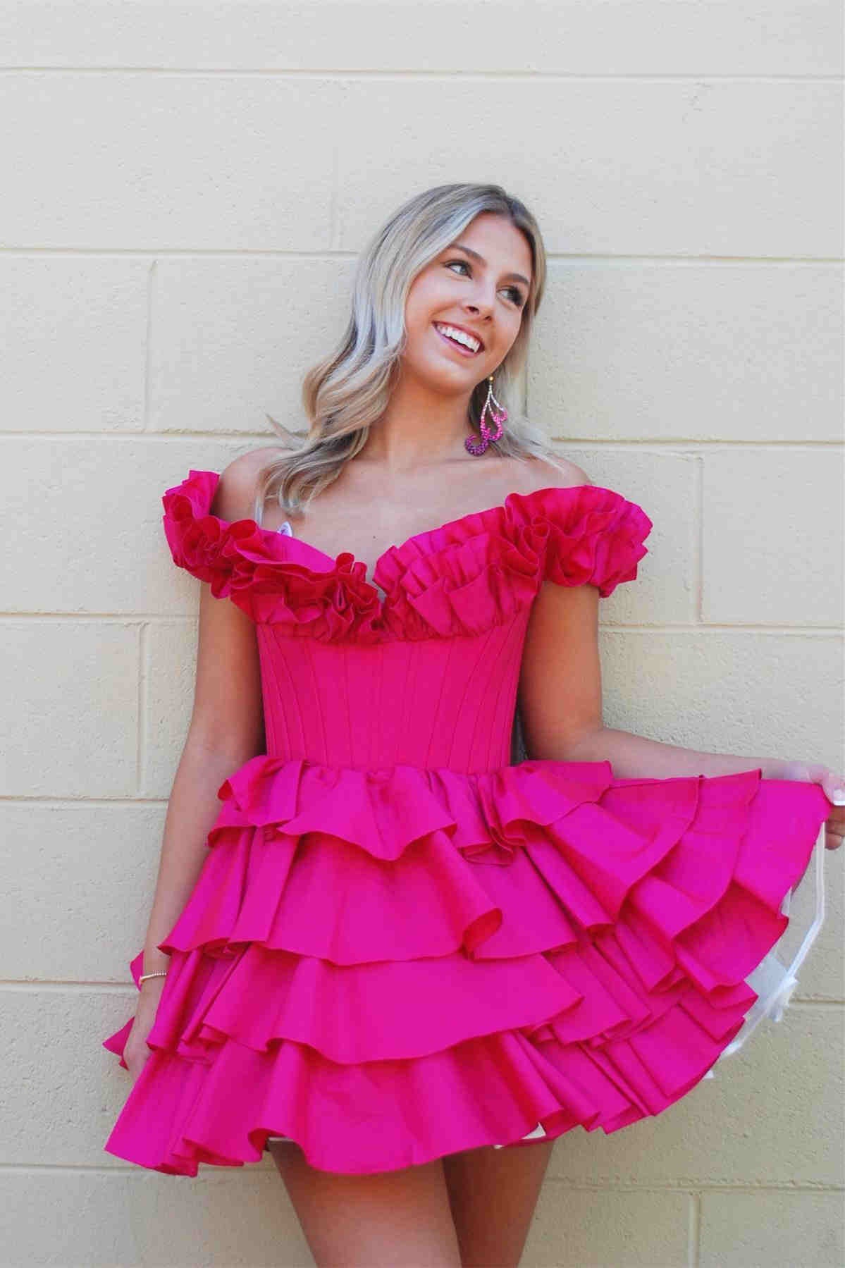 Fuchsia Off-the-Shoulder Tiered A-Line Short Homecoming Dress for Girls