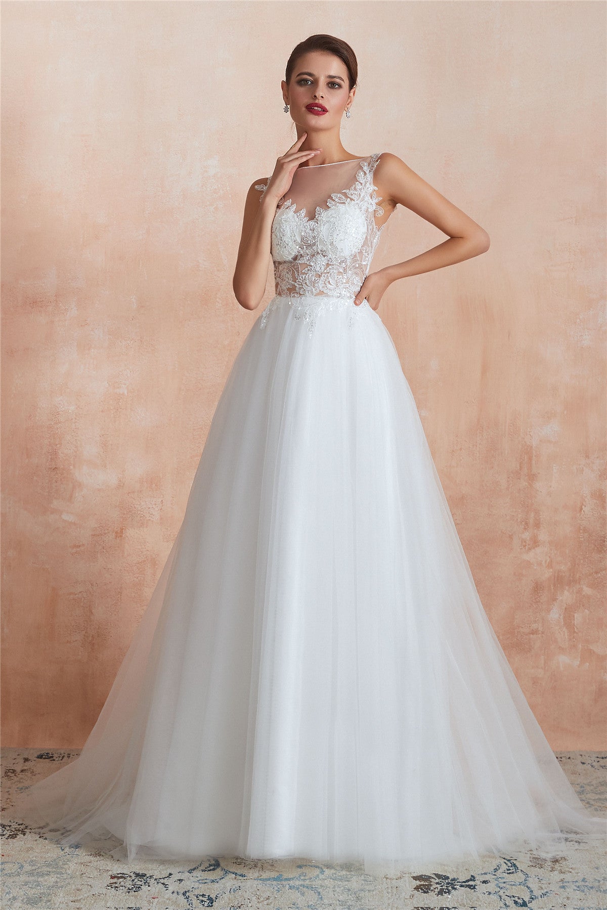 Floral Sequined Long A-line Sheer Back White Princess Wedding Dress