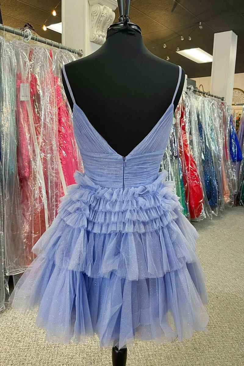 Light Blue Straps V-Neck Ruffle Mini Homecoming Dress for Women