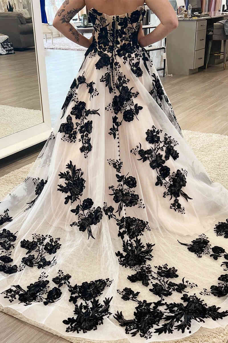 Ivory Long Off-the-Shoulder Tulle Wedding Dress with Black Appliqués