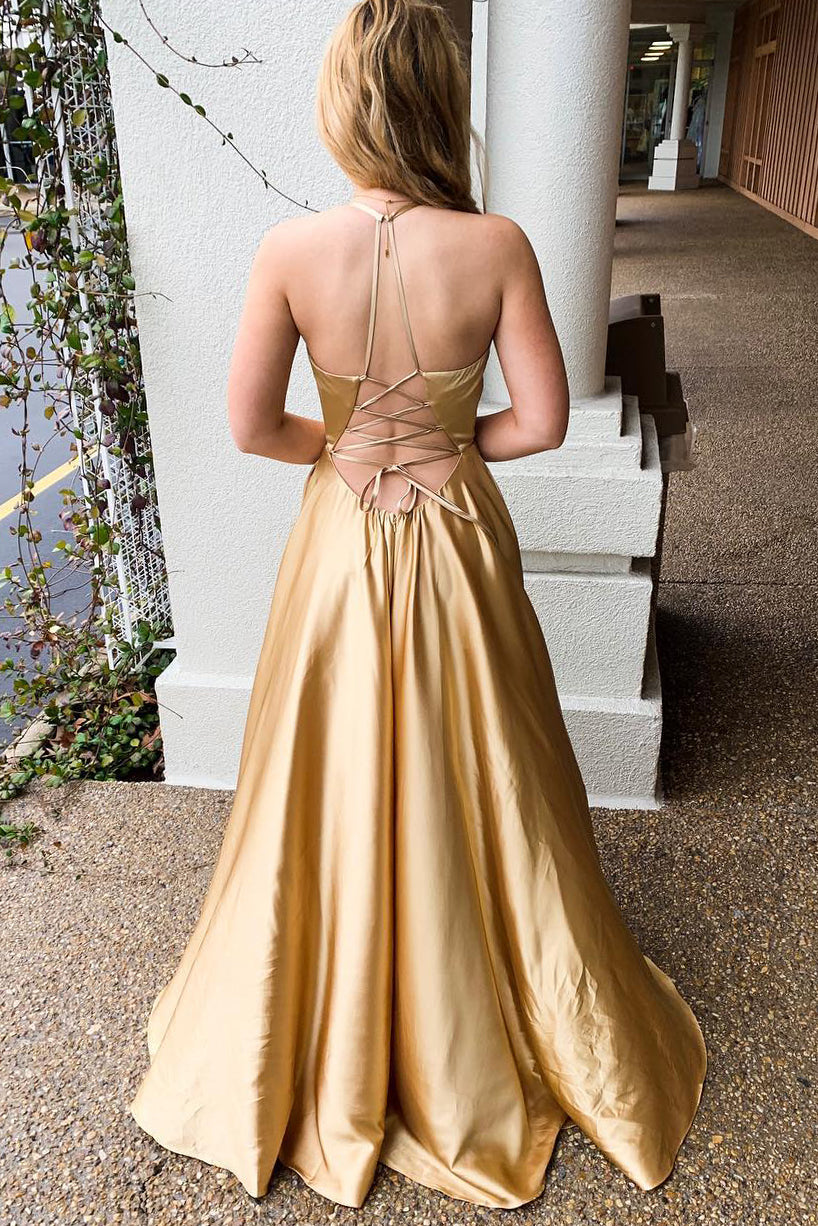 Long Gold Prom Dress with Halter, Lace-Up Back and Slit in Mesh Fabric