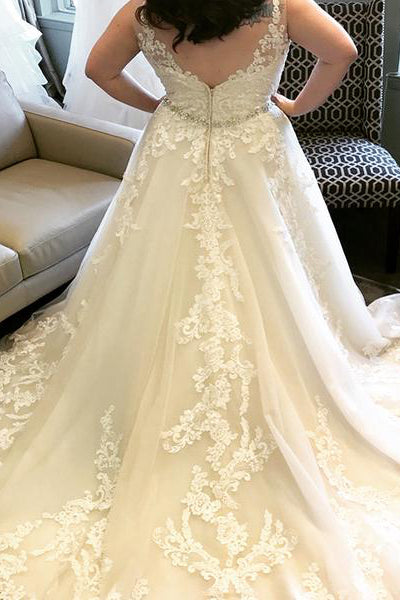 Champagne Plus Size Long V-Neck A-line Wedding Dress with Delicate Lace for Brides