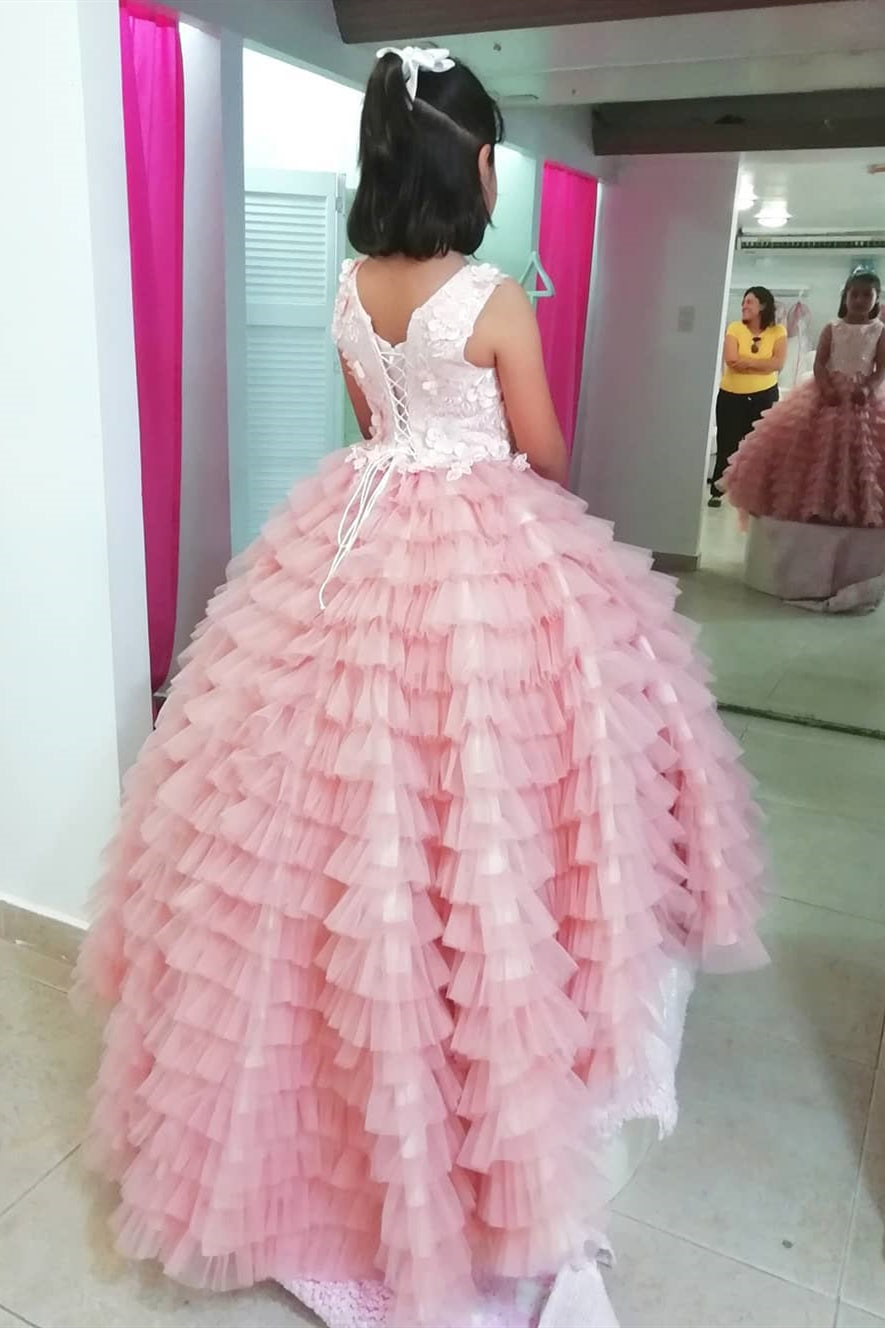 Charming Princess Pink A-line Flower Girl Dress with Cascading Ruffles and Applique Decoration