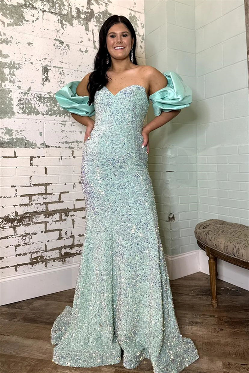 Gorgeous Mermaid-Style Off-the-Shoulder Prom Dress with Sequins and Rose-Shaped Puff Sleeves for an Elegant Look