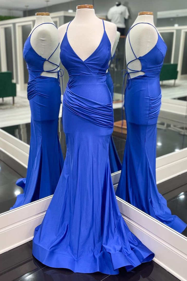 Royal Blue Pleated Tie - Back Mermaid Elegant Long Prom Dress