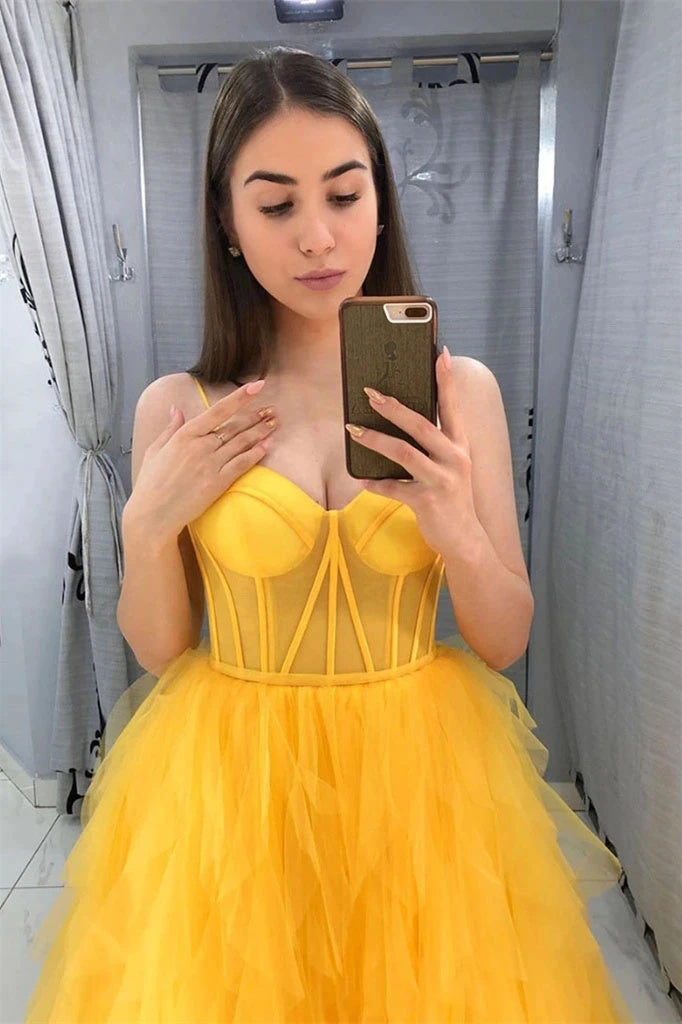 Elegant Yellow Tulle Spaghetti Straps Long Formal Prom Dress for Women