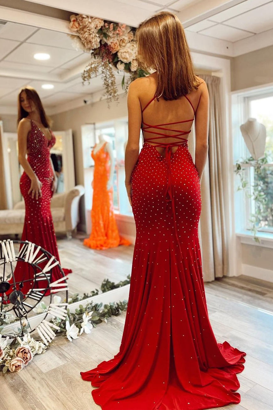 Gorgeous Elegant Red Mermaid Style Prom Dress Adorned with Rhinestones