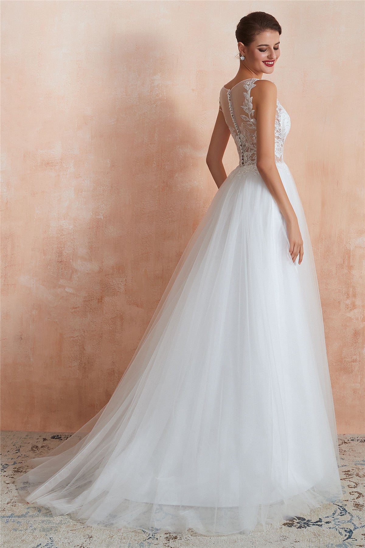 Floral Sequined Long A-line Sheer Back White Princess Wedding Dress