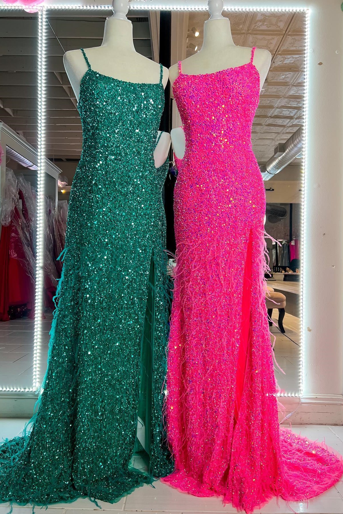 Gorgeous Mermaid Feathered Long Prom Dress with Fitted Straps and Slit