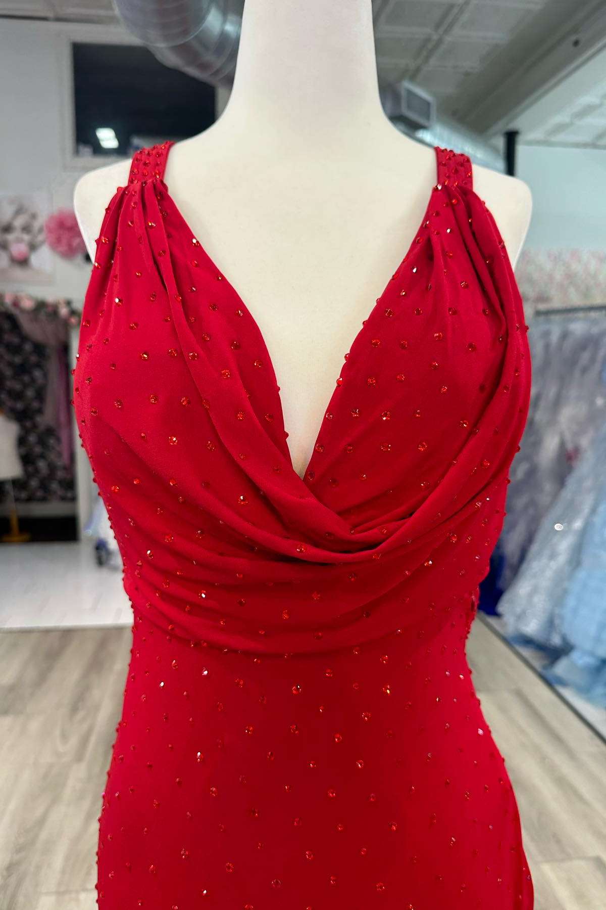 Stunning Red Cowl Neck Beaded Mermaid Long Dress for Prom