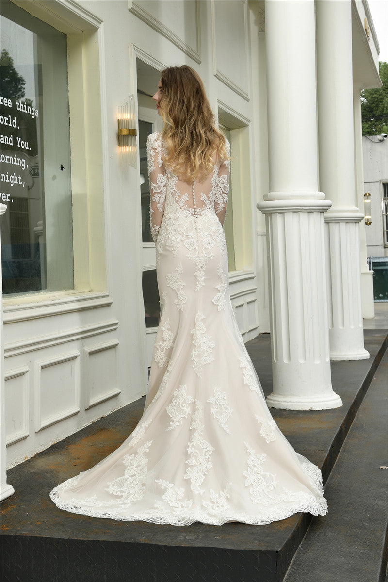 Ivory A-Line Long-Sleeved Princess Wedding Dress with Front Slit