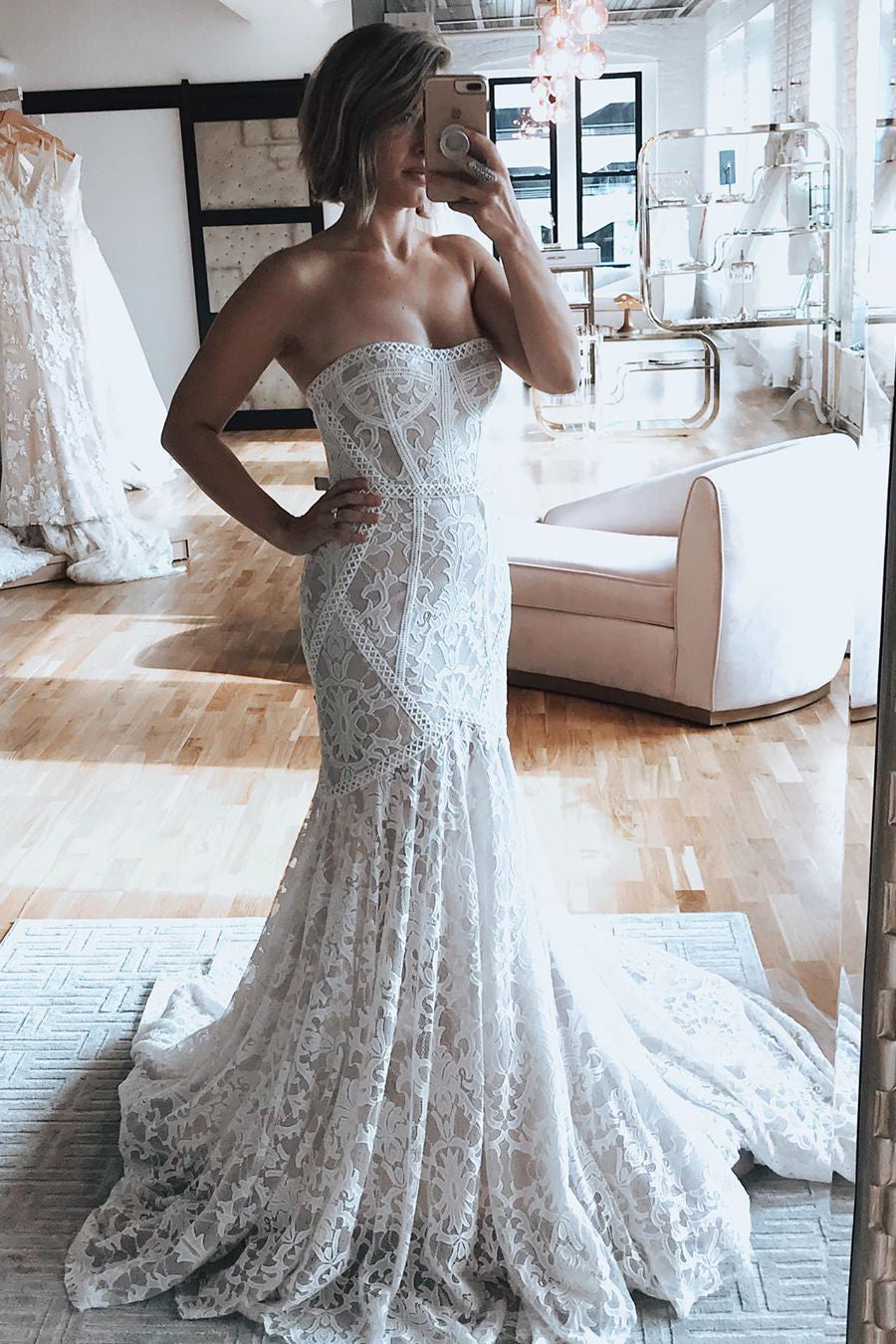 Ivory Princess Long Strapless Mermaid Style Wedding Dress Adorned with White Lace