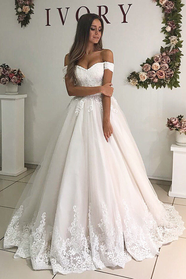 Ivory Long A-line Off-the-shoulder Princess Wedding Dress with Lace Appliques