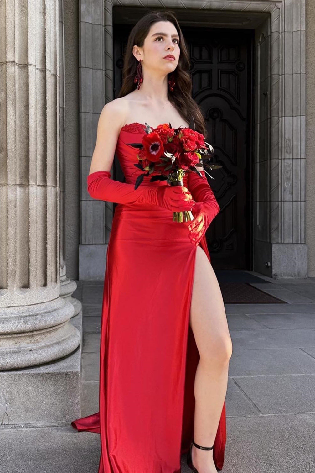Fuchsia Satin Pleated Strapless Long Mermaid Prom Dress