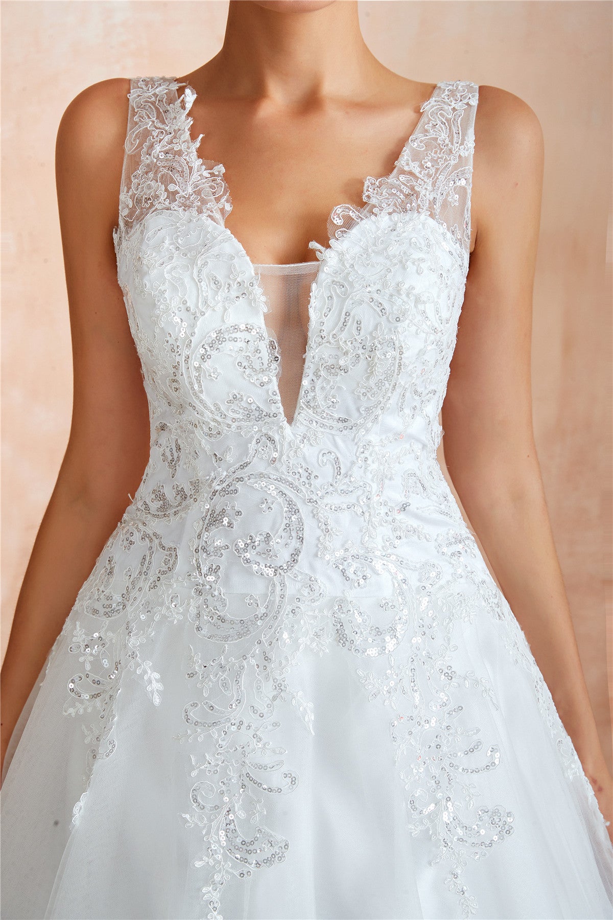 Exquisite Princess-style Long A-line White Wedding Dress with Sequins and Sheer Back for Brides
