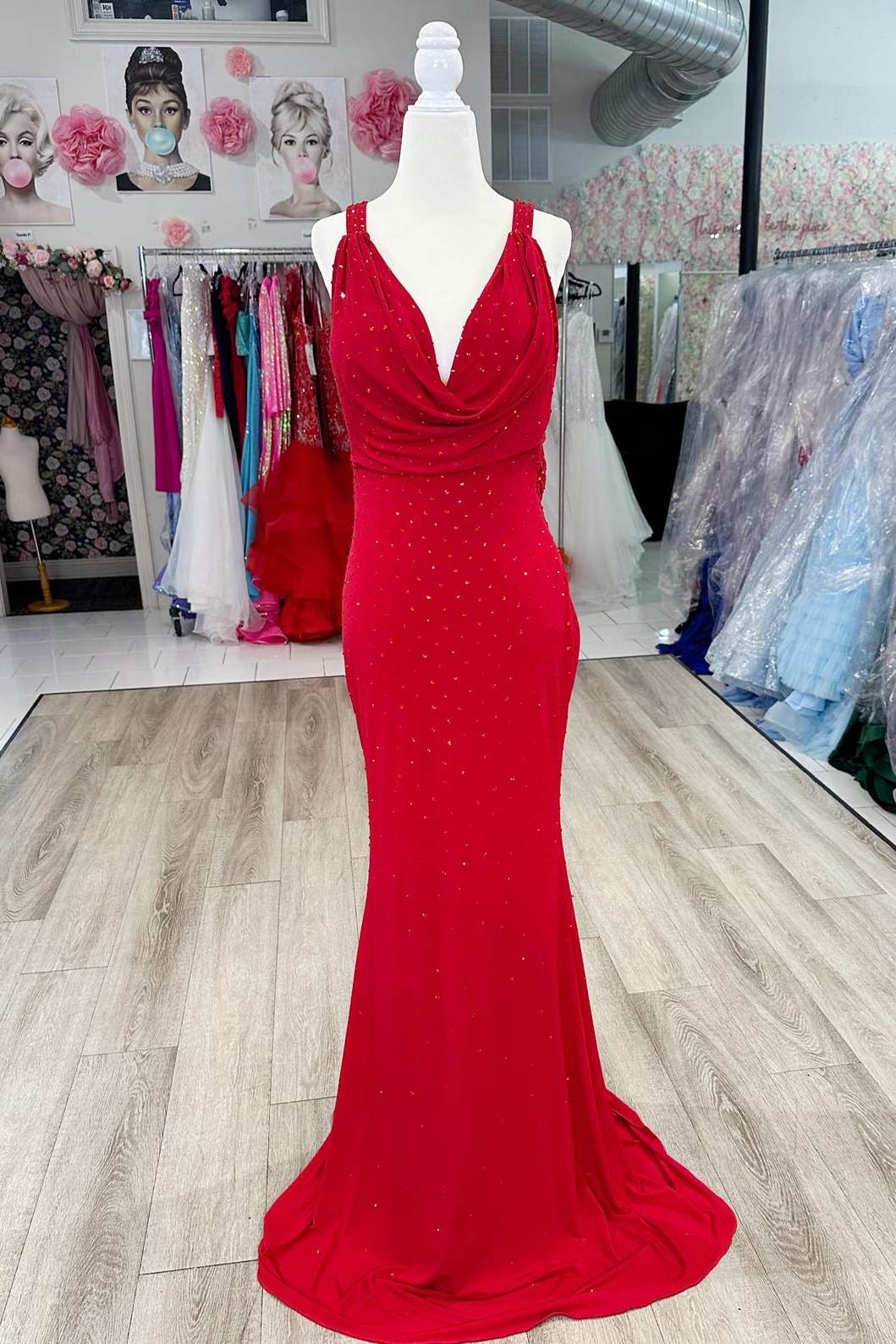 Stunning Red Cowl Neck Beaded Mermaid Long Dress for Prom