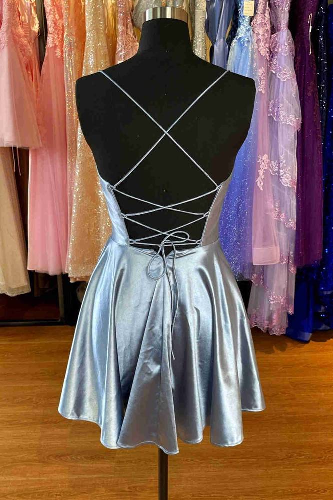 Grey Pleated Strappy Lace-Up Short A-Line Party Dress