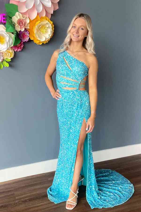 Elegant Lilac One-Shoulder Cut-Out Mermaid Style Sequined Slit Long Promenade Dress for Formal Events