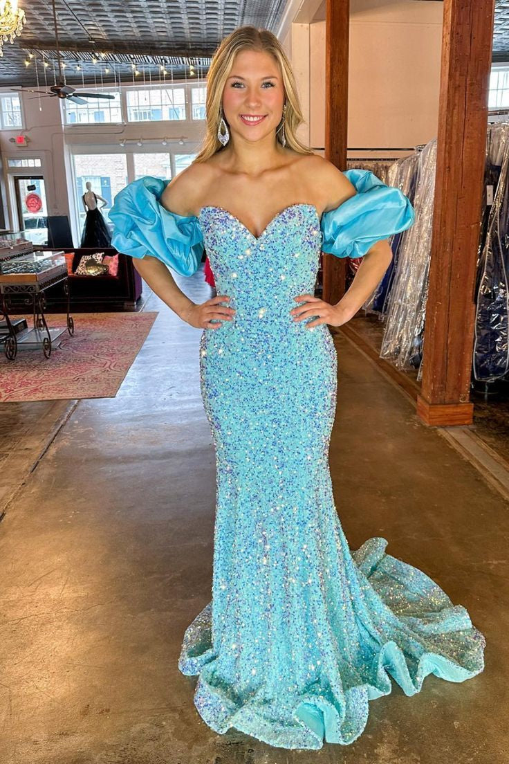 Gorgeous Mermaid-Style Off-the-Shoulder Prom Dress with Sequins and Rose-Shaped Puff Sleeves for an Elegant Look