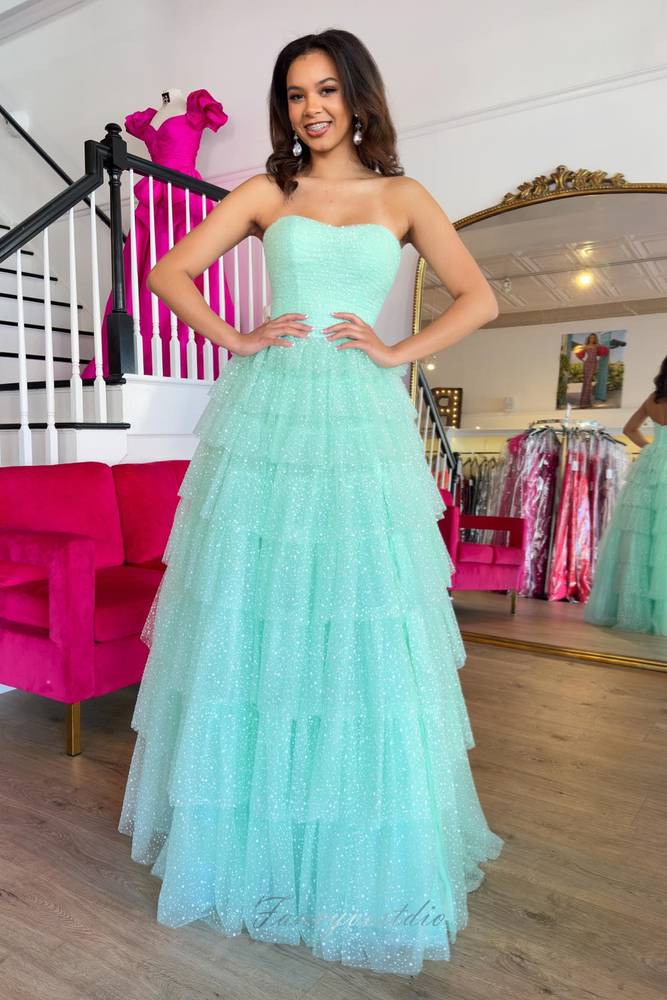 Mint Green Strapless Prom Dress with Ruffle Detailing and Slit for a Stunning Look