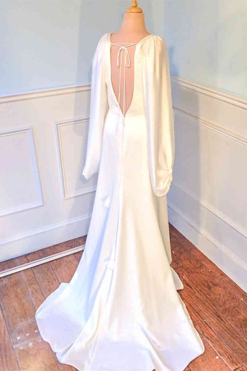 Exquisite Ivory Plunging V-Neck Backless Wedding Dress with Sleeves for Brides