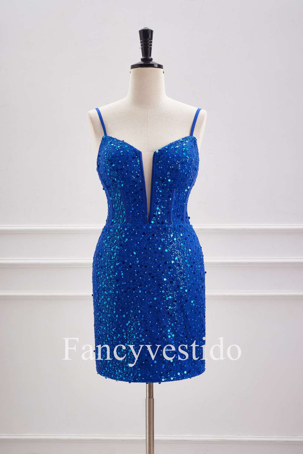 Stunning Royal Blue Sequin Plunging Neck Spaghetti Straps Tight-Fitting Homecoming Dress for Women