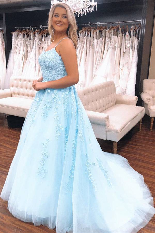 Yellow Long Prom Dress with Spaghetti Straps, Lace Appliques and Lace-Up Back