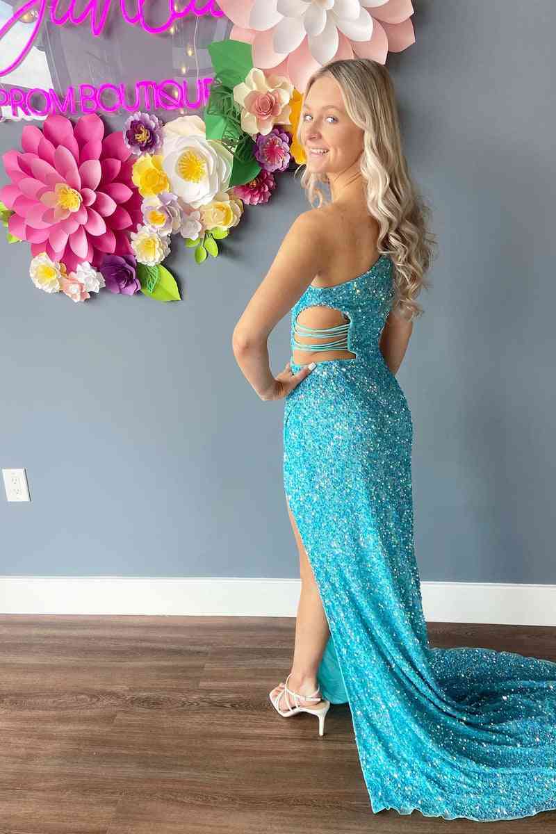 Elegant Lilac One-Shoulder Cut-Out Mermaid Style Sequined Slit Long Promenade Dress for Formal Events