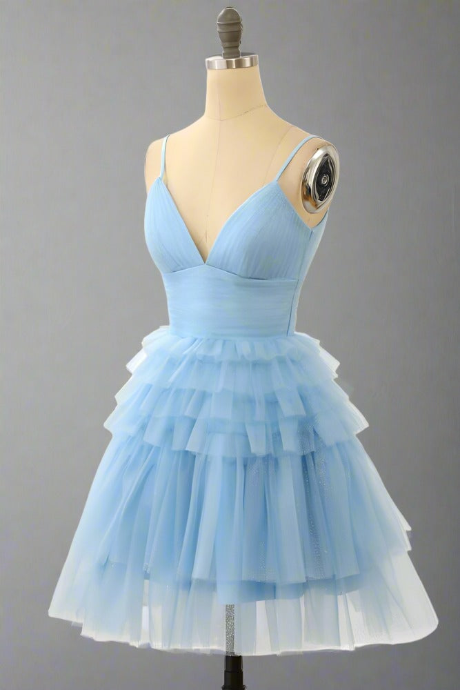 Light Blue Straps V-Neck Ruffle Mini Homecoming Dress for Women