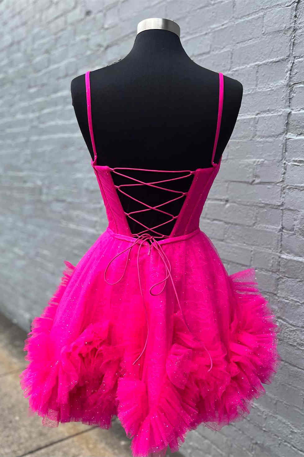 Hot Pink Glitter Straps Ruffled A-Line Homecoming Party Dress