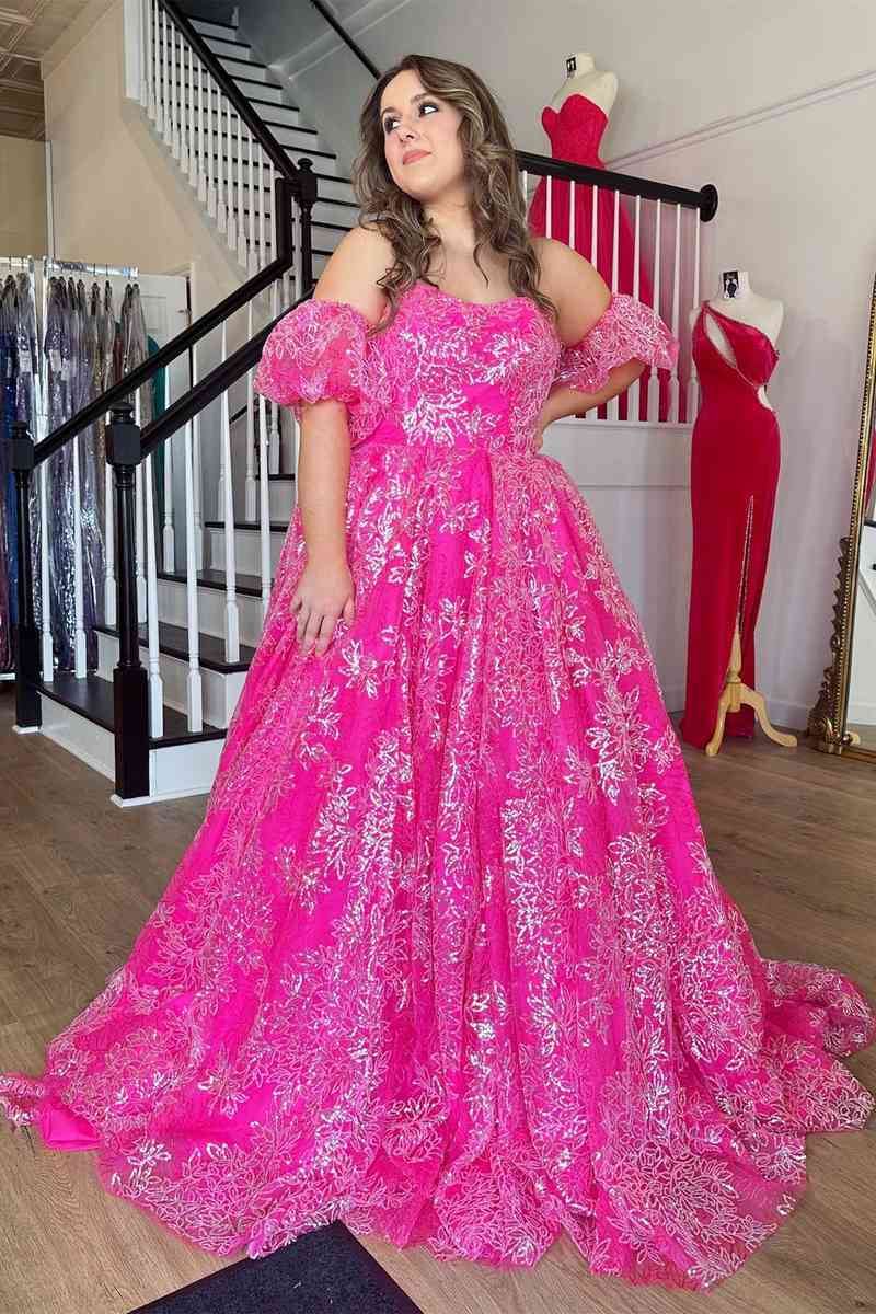 Gorgeous Fuchsia A-line Off-Shoulder Long Party Tulle Dress with Detachable Sleeves