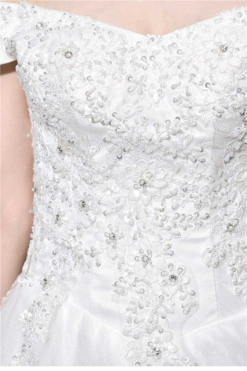 Pearl-Embellished Princess Off-Shoulder White Wedding Dress