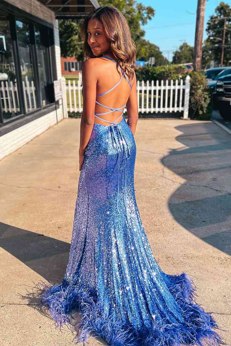 Elegant Blue Long Prom Dress with Sequined Straps and Feather Hem