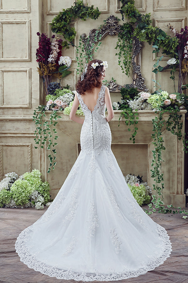 Long White V Back Mermaid Wedding Dress Embellished with Appliques