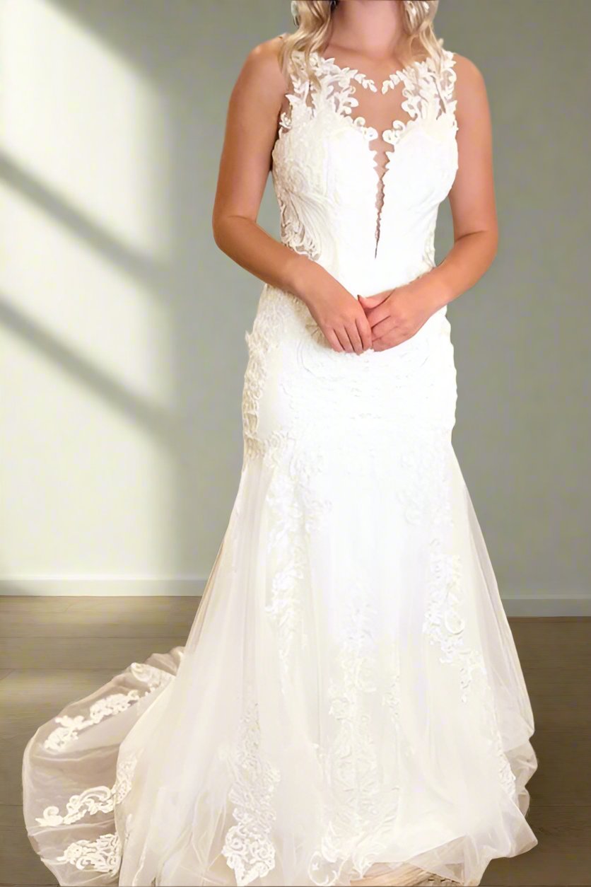 Elegant Illusion Neck Plunging Applique Mermaid Wedding Dress