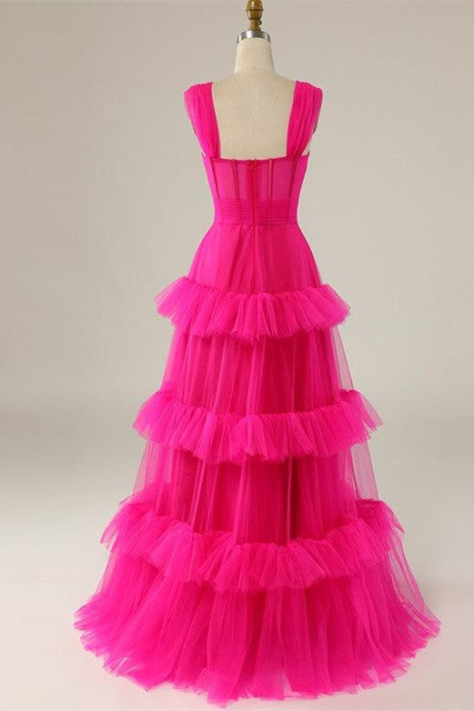 Stylish Hot Pink Strappy Ruffle Tiered Long Formal Prom Dress for Special Occasions