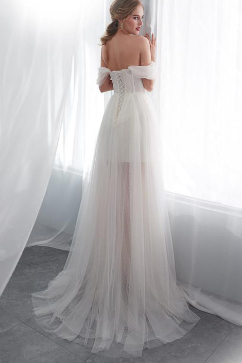 Stunning Princess-Style Long Off-Shoulder A-line Ivory Bridal Wedding Dress
